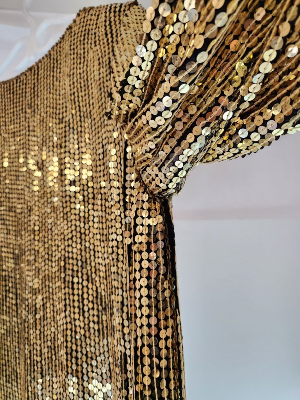 Vintage Black Silk / Gold Sequin Midi Dress 1980s Leaf Pattern - Picture 9 of 12